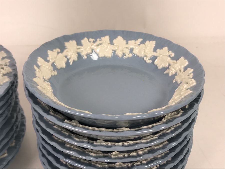 Wedgwood Embossed Queen's Ware Cream Color Grapes On Lavender (Shell Edge) (11) Bread & Butter Plates And (8) Fruit/Dessert (Sauce) Bowls Made In England - Replacements Value Over $280 [Photo 4]