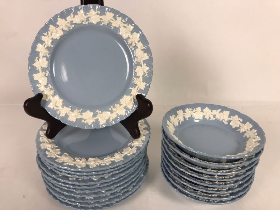 Wedgwood Embossed Queen's Ware Cream Color Grapes On Lavender (Shell Edge) (11) Bread & Butter Plates And (8) Fruit/Dessert (Sauce) Bowls Made In England - Replacements Value Over $280 [Photo 2]