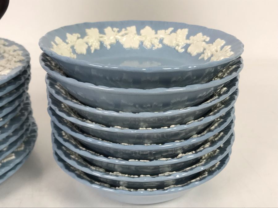 Wedgwood Embossed Queen's Ware Cream Color Grapes On Lavender (Shell Edge) (11) Bread & Butter Plates And (8) Fruit/Dessert (Sauce) Bowls Made In England - Replacements Value Over $280 [Photo 5]