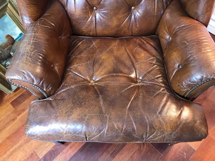 Vintage Wingback Tufted Leather Armchair With Brass Nailheads By Schafer Bros. [Photo 6]