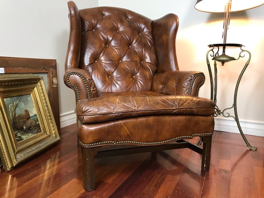 Vintage Wingback Tufted Leather Armchair With Brass Nailheads By Schafer Bros. [Photo 5]