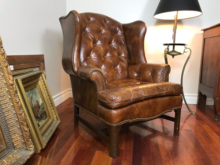 Vintage Wingback Tufted Leather Armchair With Brass Nailheads By Schafer Bros. [Photo 1]