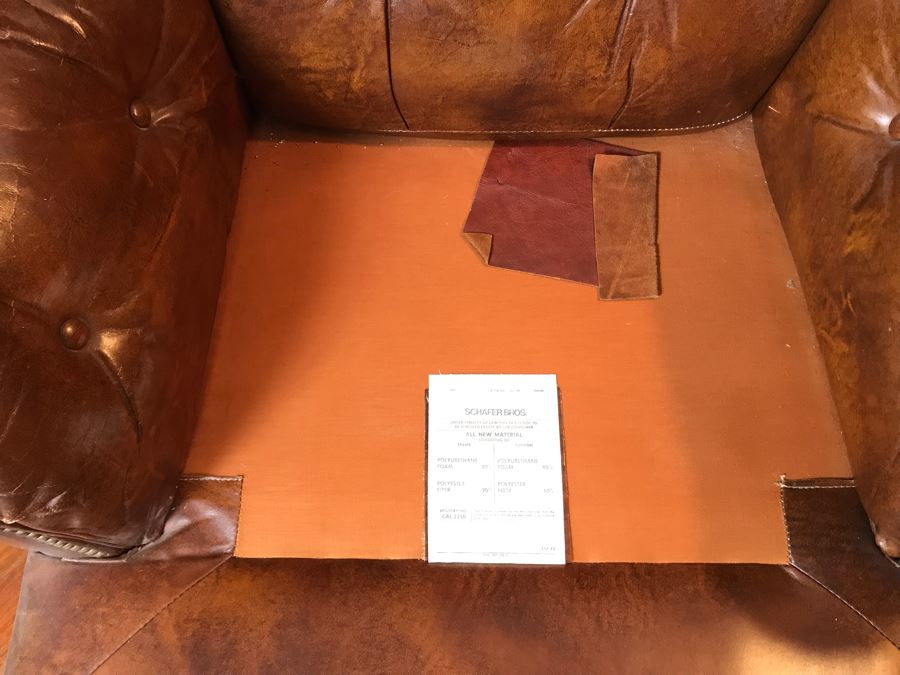 Vintage Wingback Tufted Leather Armchair With Brass Nailheads By Schafer Bros. [Photo 7]