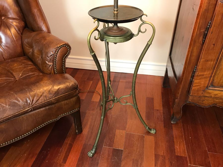 Vintage Brass Freestanding Floor Lamp With Claw Feet And Round Wooden Table [Photo 2]
