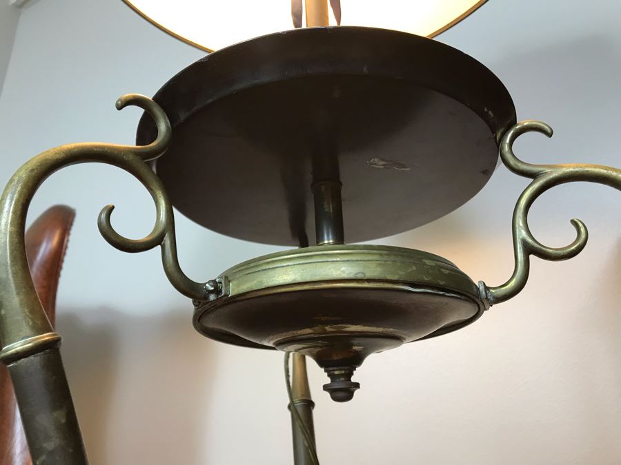 Vintage Brass Freestanding Floor Lamp With Claw Feet And Round Wooden Table