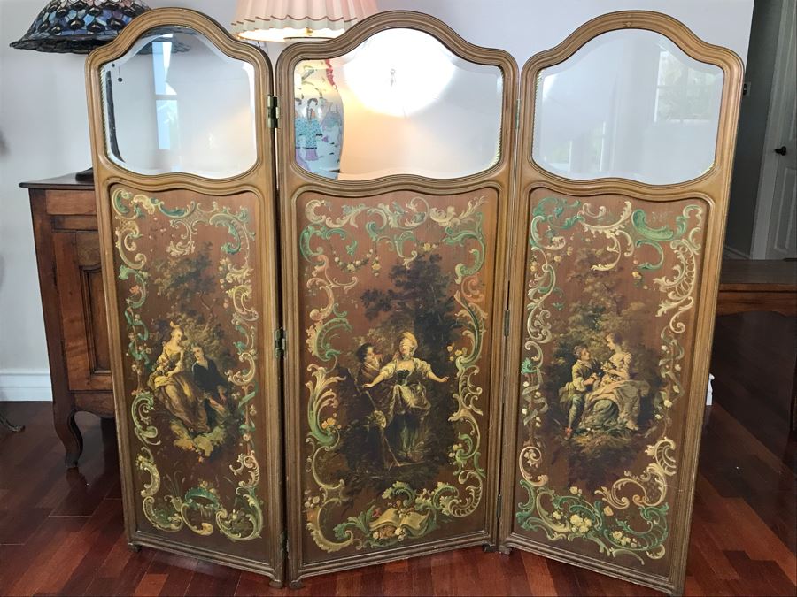 Vintage Hand Painted French Double Sided 3-Panel Screen With Beveled Glass Panels - See Photos 57H X 58.5W [Photo 4]