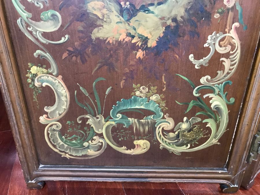 Vintage Hand Painted French Double Sided 3-Panel Screen With Beveled Glass Panels - See Photos 57H X 58.5W [Photo 17]