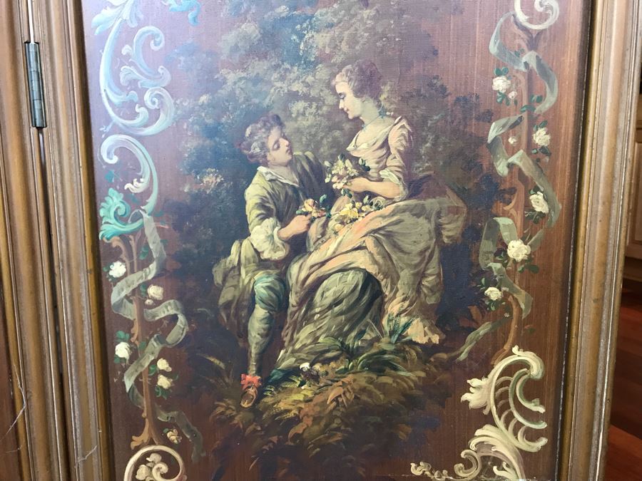 Vintage Hand Painted French Double Sided 3-Panel Screen With Beveled Glass Panels - See Photos 57H X 58.5W [Photo 9]