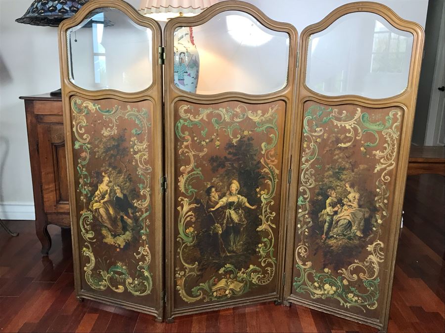 Vintage Hand Painted French Double Sided 3-Panel Screen With Beveled Glass Panels - See Photos 57H X 58.5W [Photo 3]