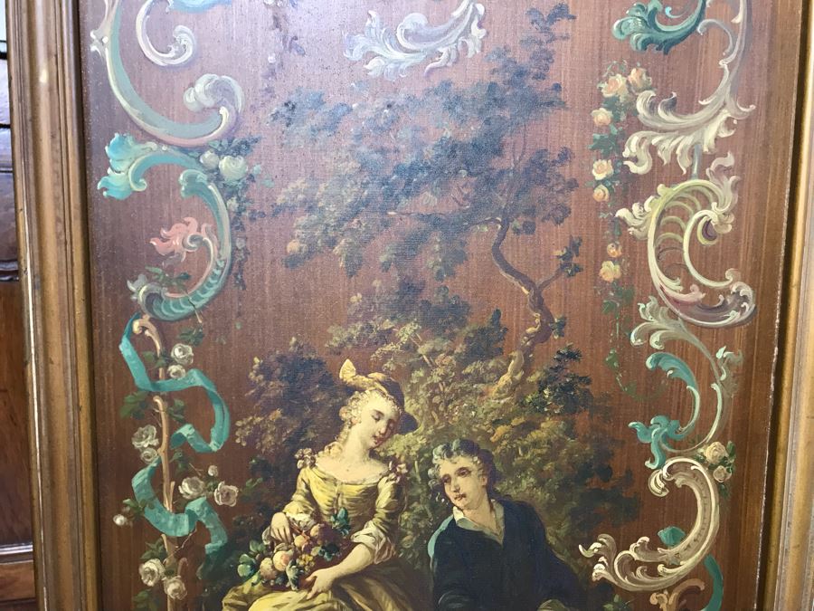 Vintage Hand Painted French Double Sided 3-Panel Screen With Beveled Glass Panels - See Photos 57H X 58.5W [Photo 15]