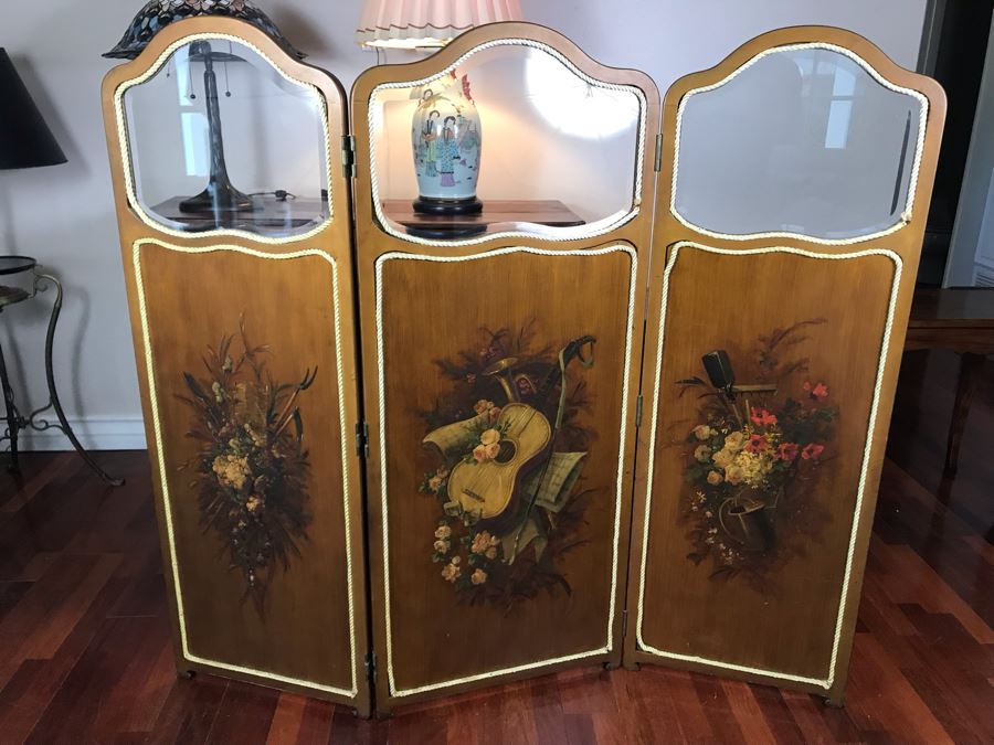 Vintage Hand Painted French Double Sided 3-Panel Screen With Beveled Glass Panels - See Photos 57H X 58.5W [Photo 2]