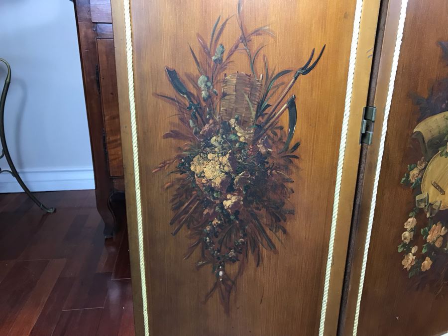 Vintage Hand Painted French Double Sided 3-Panel Screen With Beveled Glass Panels - See Photos 57H X 58.5W [Photo 21]