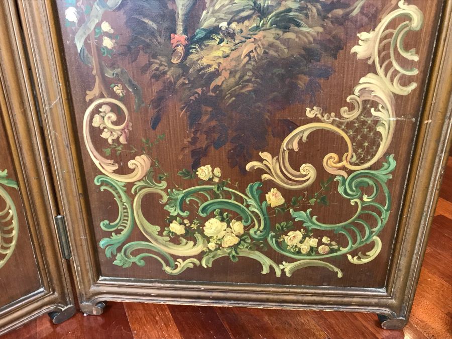 Vintage Hand Painted French Double Sided 3-Panel Screen With Beveled Glass Panels - See Photos 57H X 58.5W [Photo 13]
