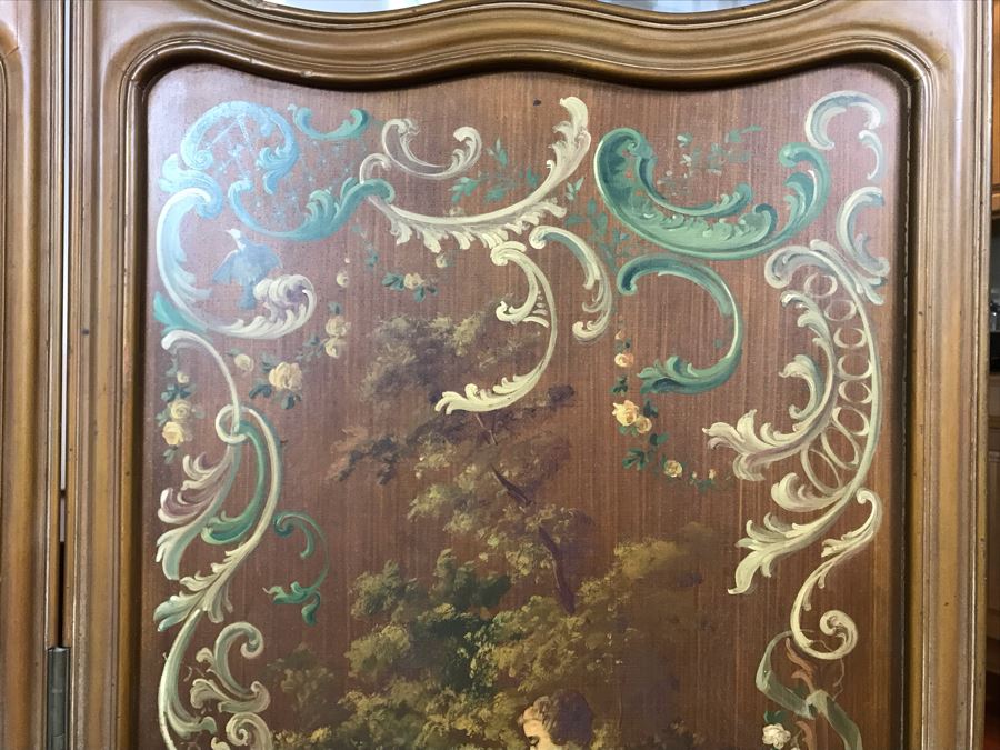 Vintage Hand Painted French Double Sided 3-Panel Screen With Beveled Glass Panels - See Photos 57H X 58.5W [Photo 12]