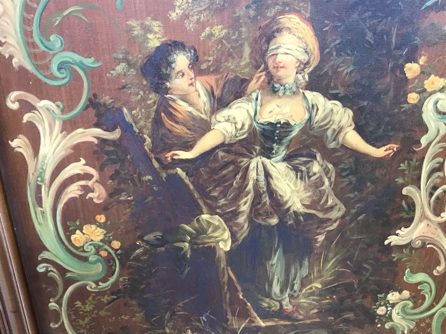 Vintage Hand Painted French Double Sided 3-Panel Screen With Beveled Glass Panels - See Photos 57H X 58.5W [Photo 6]