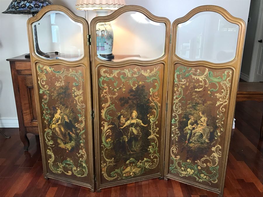 Vintage Hand Painted French Double Sided 3-Panel Screen With Beveled Glass Panels - See Photos 57H X 58.5W [Photo 1]