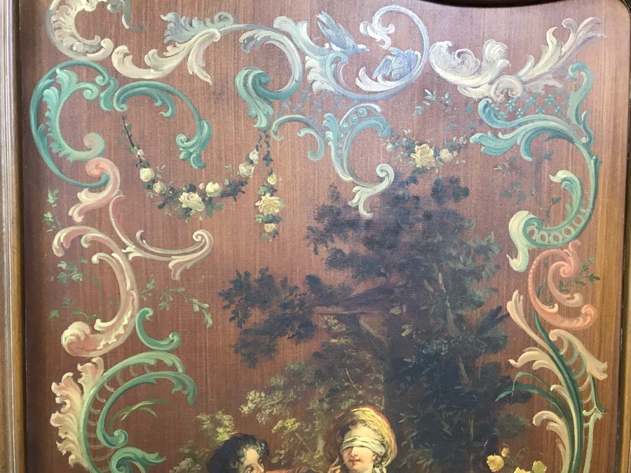 Vintage Hand Painted French Double Sided 3-Panel Screen With Beveled Glass Panels - See Photos 57H X 58.5W [Photo 8]