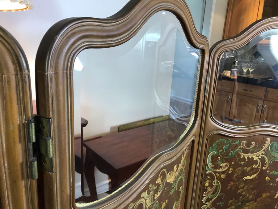 Vintage Hand Painted French Double Sided 3-Panel Screen With Beveled Glass Panels - See Photos 57H X 58.5W [Photo 18]