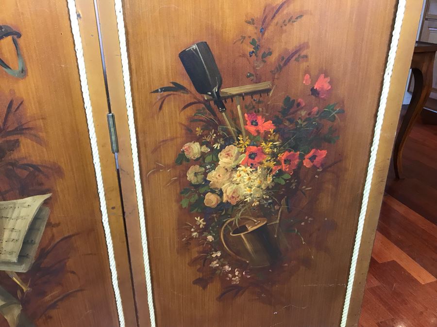 Vintage Hand Painted French Double Sided 3-Panel Screen With Beveled Glass Panels - See Photos 57H X 58.5W [Photo 22]