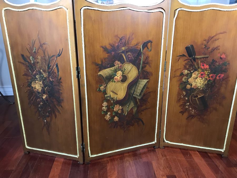 Vintage Hand Painted French Double Sided 3-Panel Screen With Beveled Glass Panels - See Photos 57H X 58.5W [Photo 19]