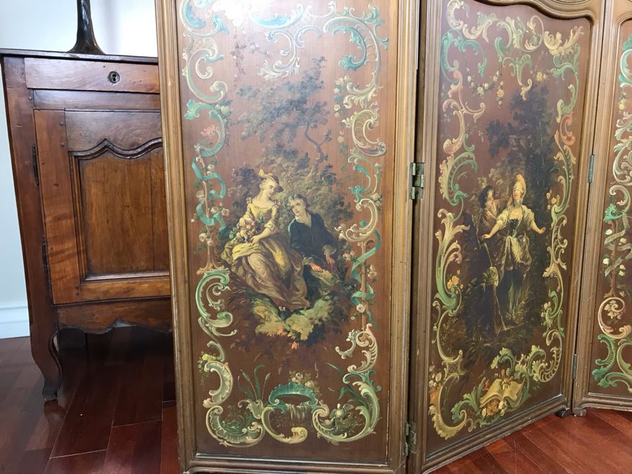 Vintage Hand Painted French Double Sided 3-Panel Screen With Beveled Glass Panels - See Photos 57H X 58.5W [Photo 14]