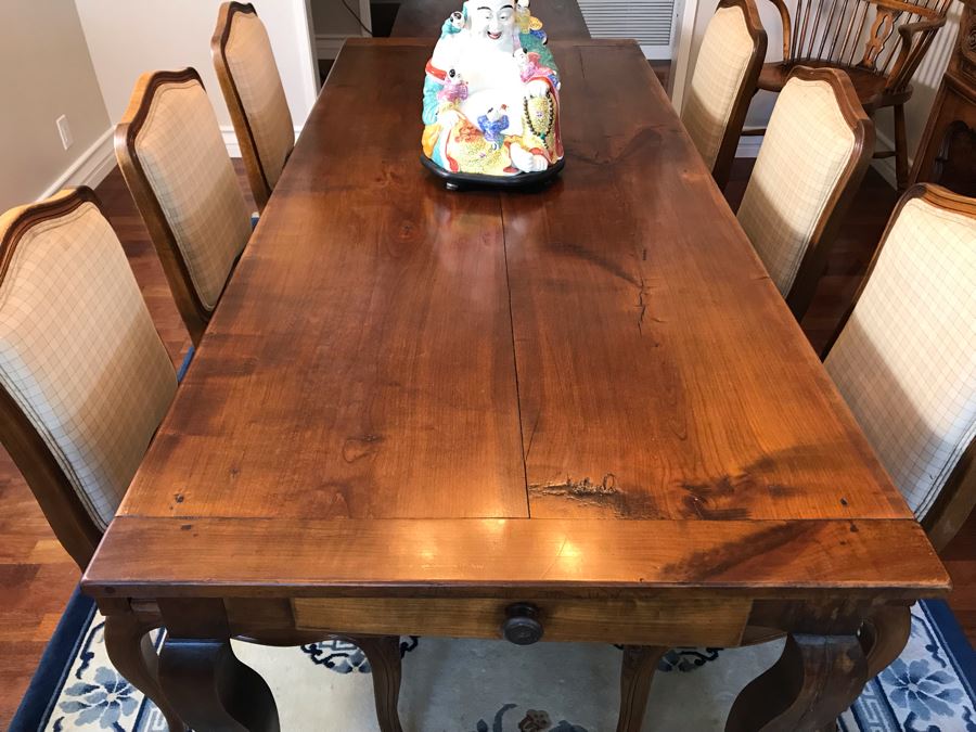 Antique 1850 French 2 Plank Cherry Board Dining Table With Drawer On One End And Chopping Surface On Other Plus 6 Walnut Dining Chairs Purchased $5,000 From Lyman Drake Antiques 77L X 33.5W X 30H - Chopping Board Extends About 40' [Photo 9]