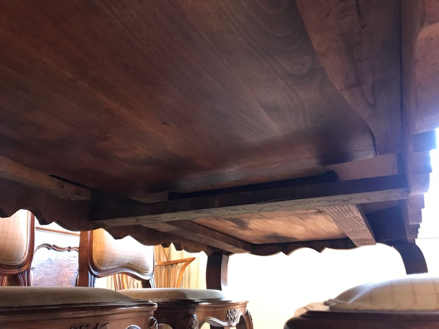 Antique 1850 French 2 Plank Cherry Board Dining Table With Drawer On One End And Chopping Surface On Other Plus 6 Walnut Dining Chairs Purchased $5,000 From Lyman Drake Antiques 77L X 33.5W X 30H - Chopping Board Extends About 40' [Photo 34]