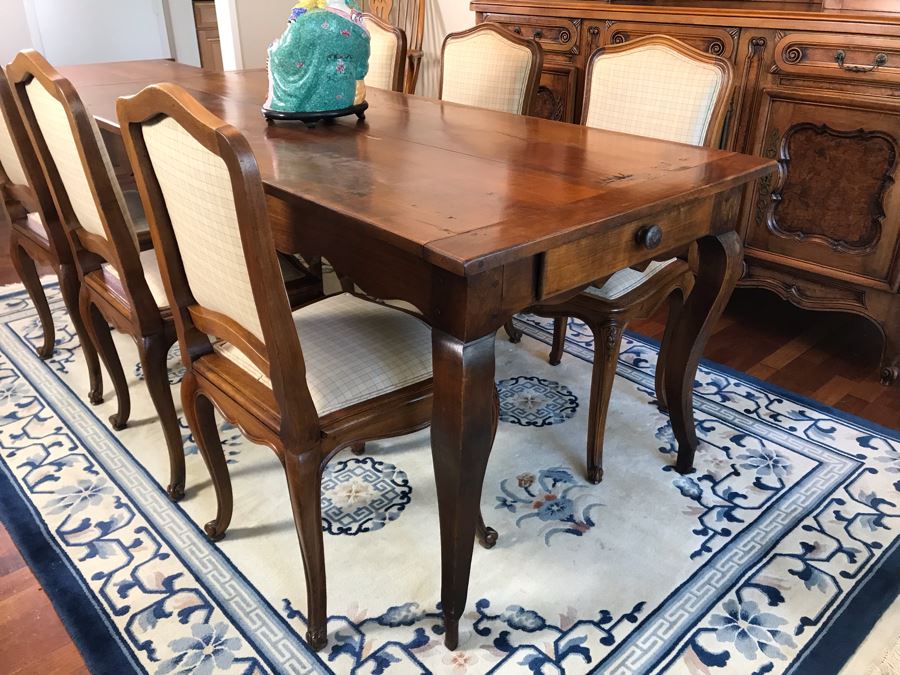 Antique 1850 French 2 Plank Cherry Board Dining Table With Drawer On One End And Chopping Surface On Other Plus 6 Walnut Dining Chairs Purchased $5,000 From Lyman Drake Antiques 77L X 33.5W X 30H - Chopping Board Extends About 40' [Photo 5]