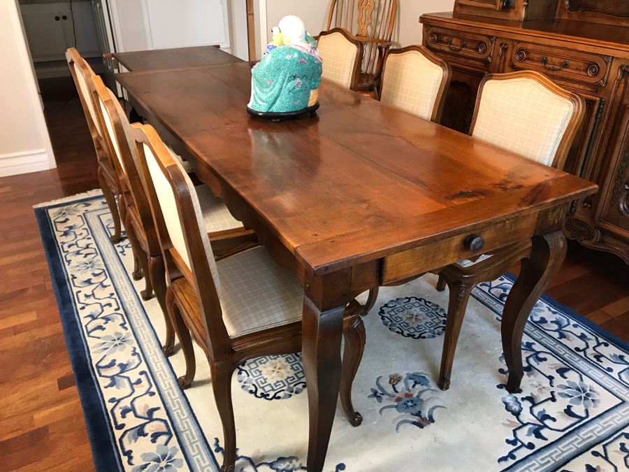 Antique 1850 French 2 Plank Cherry Board Dining Table With Drawer On One End And Chopping Surface On Other Plus 6 Walnut Dining Chairs Purchased $5,000 From Lyman Drake Antiques 77L X 33.5W X 30H - Chopping Board Extends About 40' [Photo 3]