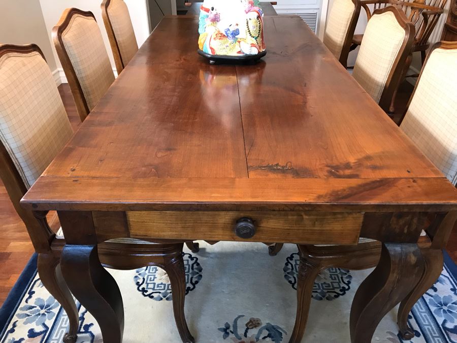 Antique 1850 French 2 Plank Cherry Board Dining Table With Drawer On One End And Chopping Surface On Other Plus 6 Walnut Dining Chairs Purchased $5,000 From Lyman Drake Antiques 77L X 33.5W X 30H - Chopping Board Extends About 40' [Photo 10]