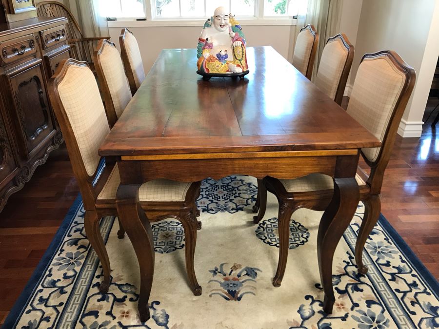 Antique 1850 French 2 Plank Cherry Board Dining Table With Drawer On One End And Chopping Surface On Other Plus 6 Walnut Dining Chairs Purchased $5,000 From Lyman Drake Antiques 77L X 33.5W X 30H - Chopping Board Extends About 40' [Photo 14]