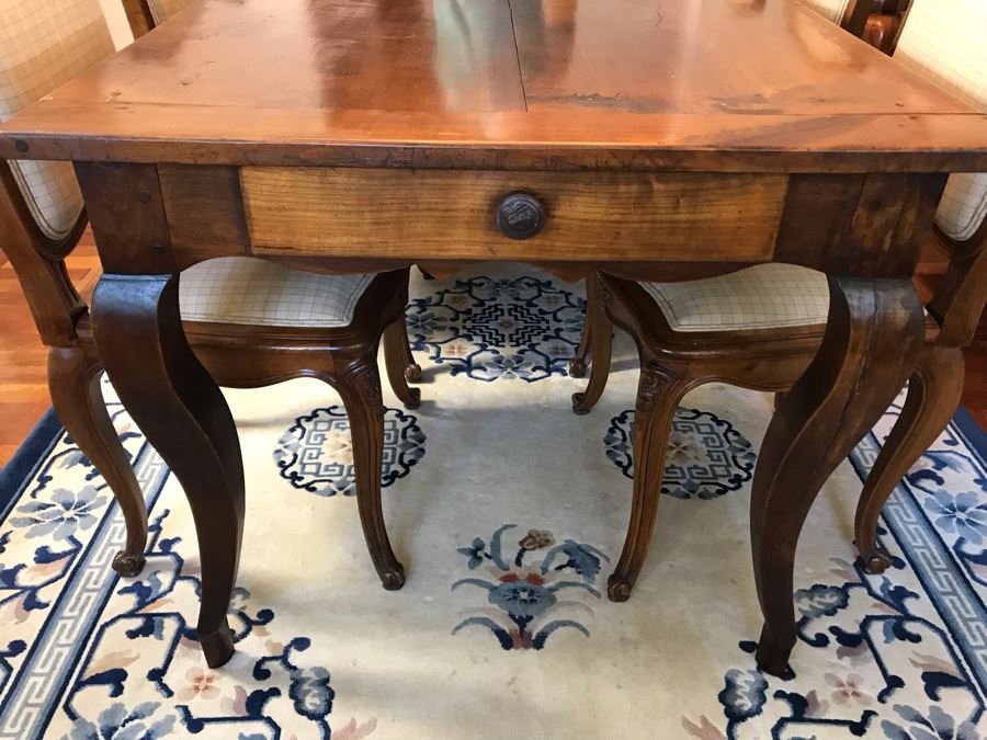 Antique 1850 French 2 Plank Cherry Board Dining Table With Drawer On One End And Chopping Surface On Other Plus 6 Walnut Dining Chairs Purchased $5,000 From Lyman Drake Antiques 77L X 33.5W X 30H - Chopping Board Extends About 40' [Photo 19]