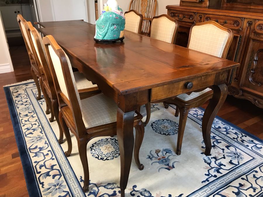 Antique 1850 French 2 Plank Cherry Board Dining Table With Drawer On One End And Chopping Surface On Other Plus 6 Walnut Dining Chairs Purchased $5,000 From Lyman Drake Antiques 77L X 33.5W X 30H - Chopping Board Extends About 40' [Photo 1]