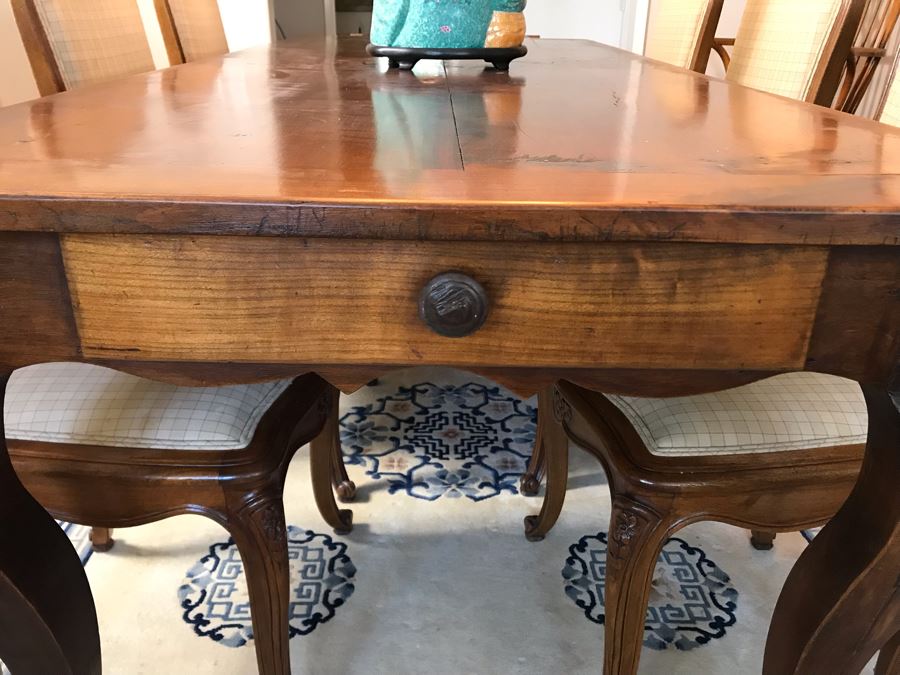Antique 1850 French 2 Plank Cherry Board Dining Table With Drawer On One End And Chopping Surface On Other Plus 6 Walnut Dining Chairs Purchased $5,000 From Lyman Drake Antiques 77L X 33.5W X 30H - Chopping Board Extends About 40' [Photo 6]
