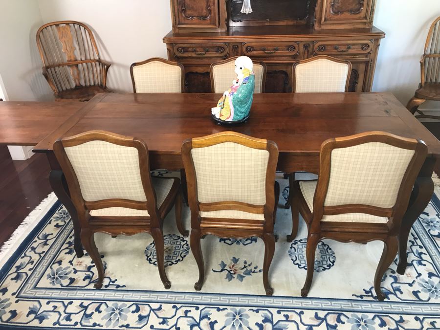 Antique 1850 French 2 Plank Cherry Board Dining Table With Drawer On One End And Chopping Surface On Other Plus 6 Walnut Dining Chairs Purchased $5,000 From Lyman Drake Antiques 77L X 33.5W X 30H - Chopping Board Extends About 40' [Photo 18]