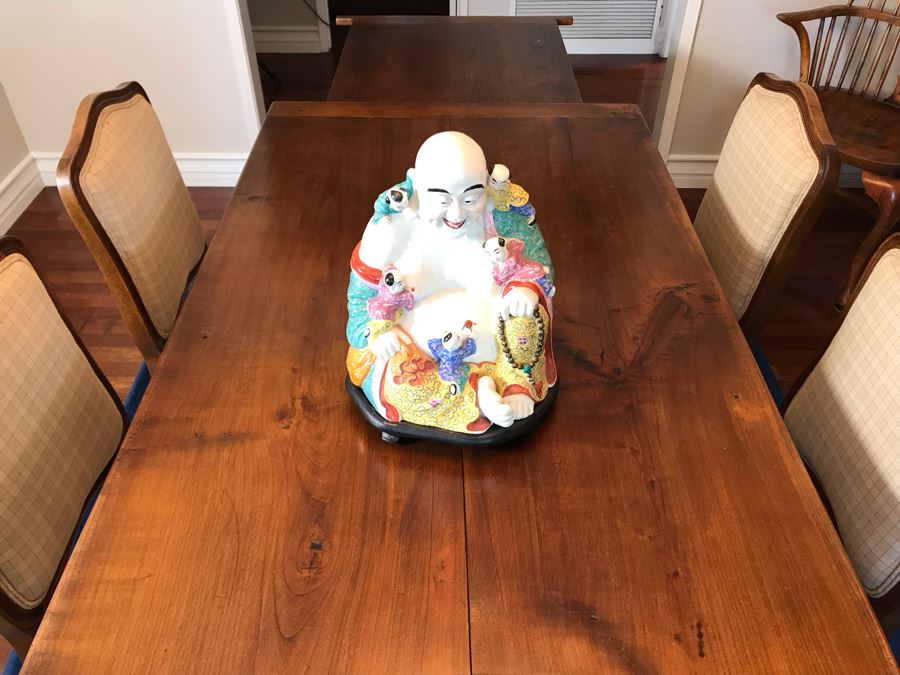 Antique 1850 French 2 Plank Cherry Board Dining Table With Drawer On One End And Chopping Surface On Other Plus 6 Walnut Dining Chairs Purchased $5,000 From Lyman Drake Antiques 77L X 33.5W X 30H - Chopping Board Extends About 40' [Photo 12]