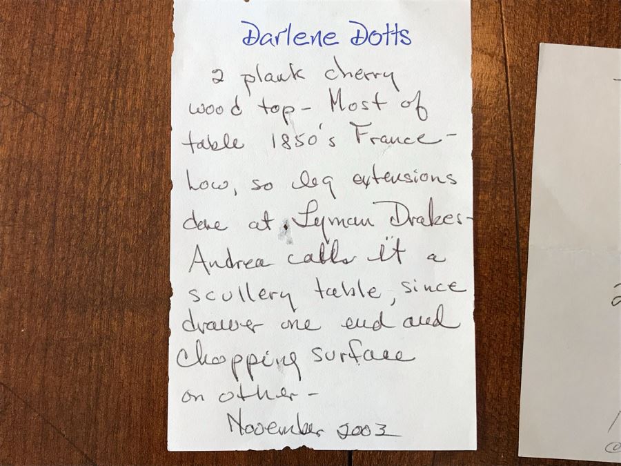 Antique 1850 French 2 Plank Cherry Board Dining Table With Drawer On One End And Chopping Surface On Other Plus 6 Walnut Dining Chairs Purchased $5,000 From Lyman Drake Antiques 77L X 33.5W X 30H - Chopping Board Extends About 40' [Photo 21]