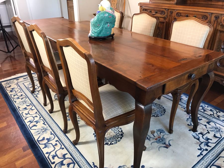 Antique 1850 French 2 Plank Cherry Board Dining Table With Drawer On One End And Chopping Surface On Other Plus 6 Walnut Dining Chairs Purchased $5,000 From Lyman Drake Antiques 77L X 33.5W X 30H - Chopping Board Extends About 40' [Photo 2]