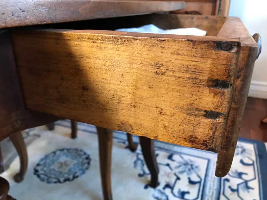 Antique 1850 French 2 Plank Cherry Board Dining Table With Drawer On One End And Chopping Surface On Other Plus 6 Walnut Dining Chairs Purchased $5,000 From Lyman Drake Antiques 77L X 33.5W X 30H - Chopping Board Extends About 40' [Photo 7]