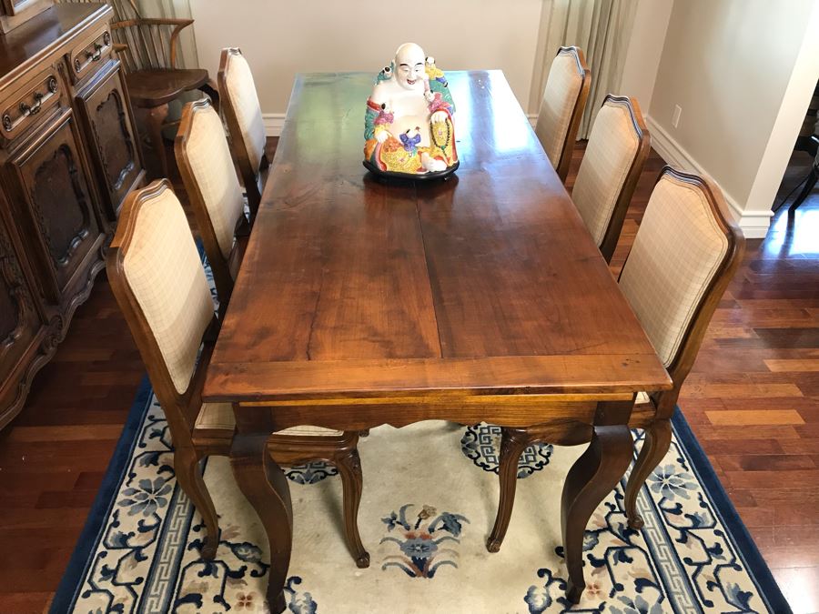 Antique 1850 French 2 Plank Cherry Board Dining Table With Drawer On One End And Chopping Surface On Other Plus 6 Walnut Dining Chairs Purchased $5,000 From Lyman Drake Antiques 77L X 33.5W X 30H - Chopping Board Extends About 40' [Photo 15]