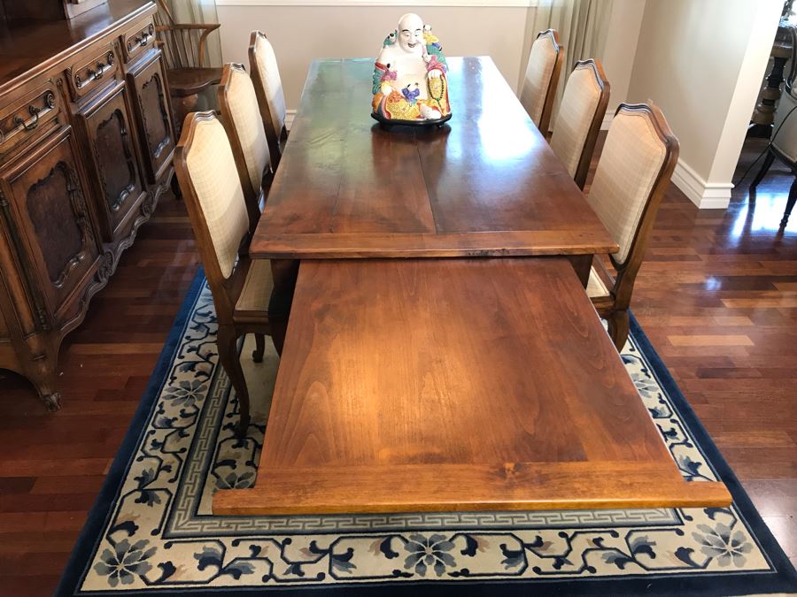 Antique 1850 French 2 Plank Cherry Board Dining Table With Drawer On One End And Chopping Surface On Other Plus 6 Walnut Dining Chairs Purchased $5,000 From Lyman Drake Antiques 77L X 33.5W X 30H - Chopping Board Extends About 40' [Photo 16]