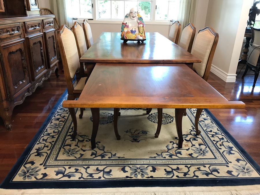 Antique 1850 French 2 Plank Cherry Board Dining Table With Drawer On One End And Chopping Surface On Other Plus 6 Walnut Dining Chairs Purchased $5,000 From Lyman Drake Antiques 77L X 33.5W X 30H - Chopping Board Extends About 40' [Photo 17]