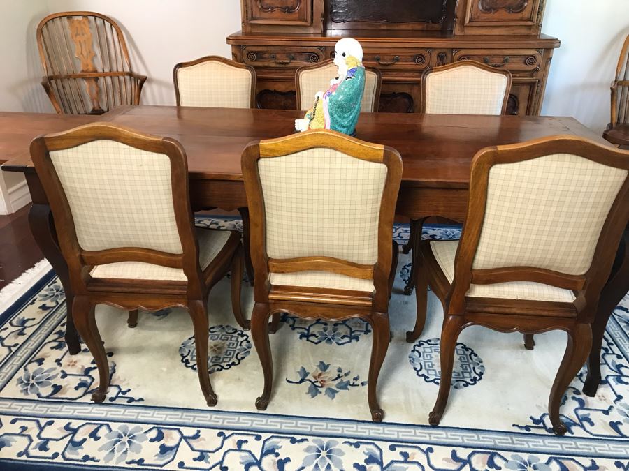 Antique 1850 French 2 Plank Cherry Board Dining Table With Drawer On One End And Chopping Surface On Other Plus 6 Walnut Dining Chairs Purchased $5,000 From Lyman Drake Antiques 77L X 33.5W X 30H - Chopping Board Extends About 40' [Photo 4]