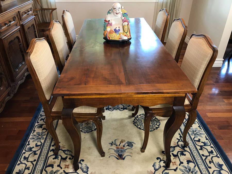 Antique 1850 French 2 Plank Cherry Board Dining Table With Drawer On One End And Chopping Surface On Other Plus 6 Walnut Dining Chairs Purchased $5,000 From Lyman Drake Antiques 77L X 33.5W X 30H - Chopping Board Extends About 40' [Photo 13]