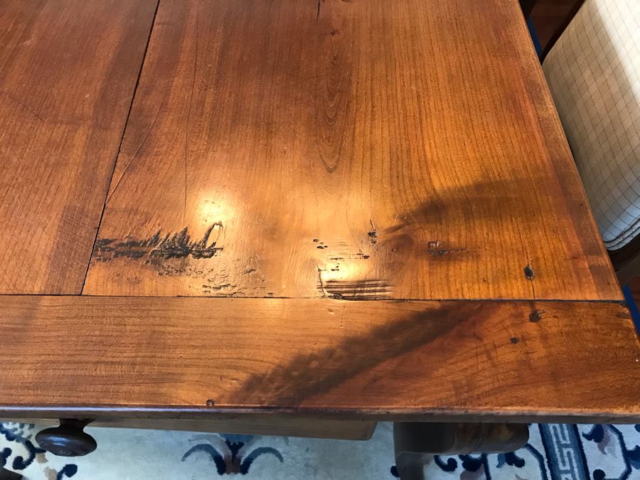 Antique 1850 French 2 Plank Cherry Board Dining Table With Drawer On One End And Chopping Surface On Other Plus 6 Walnut Dining Chairs Purchased $5,000 From Lyman Drake Antiques 77L X 33.5W X 30H - Chopping Board Extends About 40' [Photo 11]