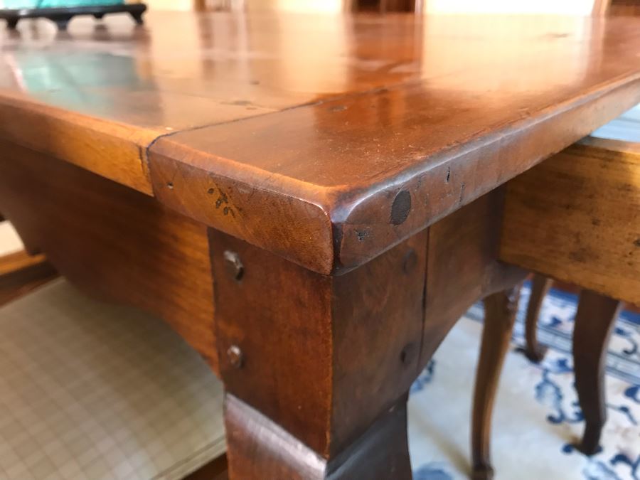 Antique 1850 French 2 Plank Cherry Board Dining Table With Drawer On One End And Chopping Surface On Other Plus 6 Walnut Dining Chairs Purchased $5,000 From Lyman Drake Antiques 77L X 33.5W X 30H - Chopping Board Extends About 40' [Photo 8]