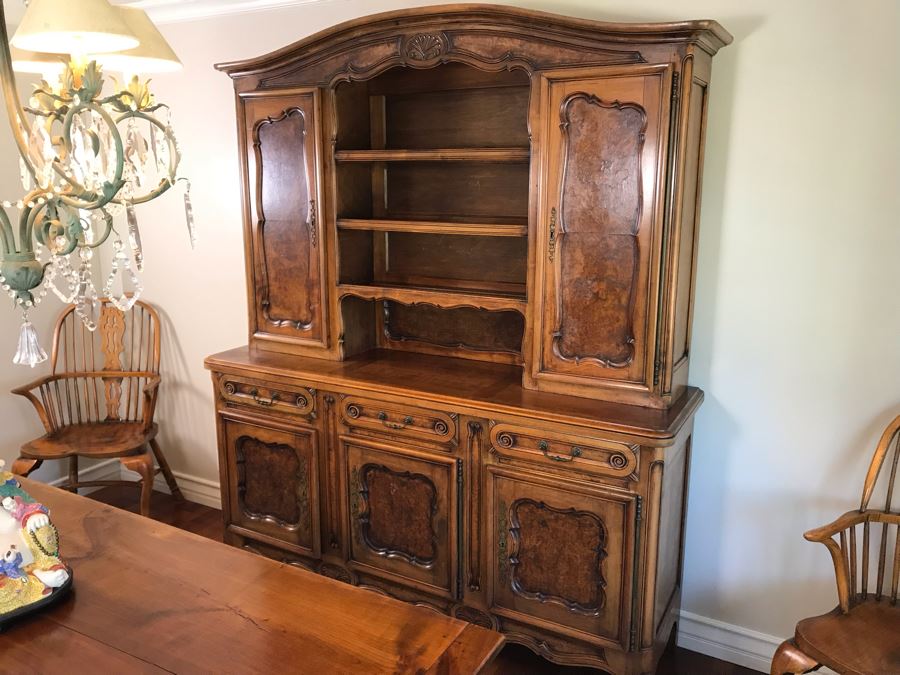 Stunning Antique French Walnut Burl Wood Cabinet With Hutch 