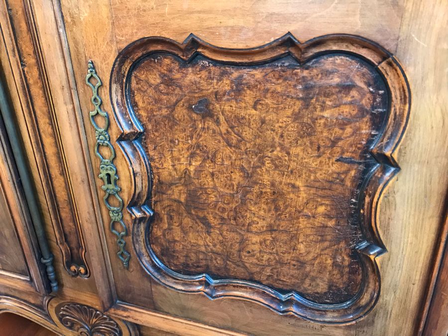 Stunning Antique French Walnut Burl Wood Cabinet With Hutch  [Photo 8]