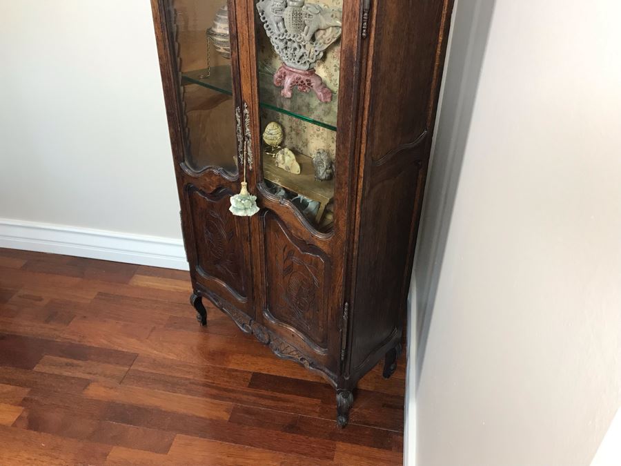 Antique French Hand Carved Wooden Curio Display Cabinet With Overhead Lighting 28W X 61H [Photo 13]