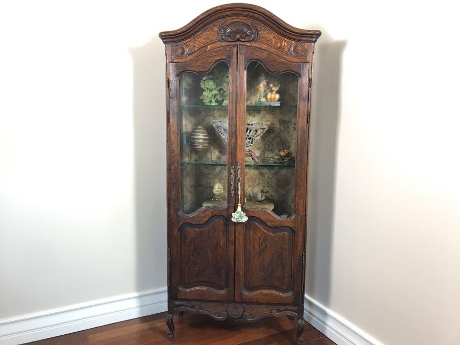 Antique French Hand Carved Wooden Curio Display Cabinet With Overhead Lighting 28W X 61H [Photo 4]
